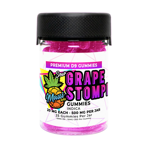 An image showcasing Maui Labs Delta 9 Gummies in the irresistible Sour Grape Stomper flavor.