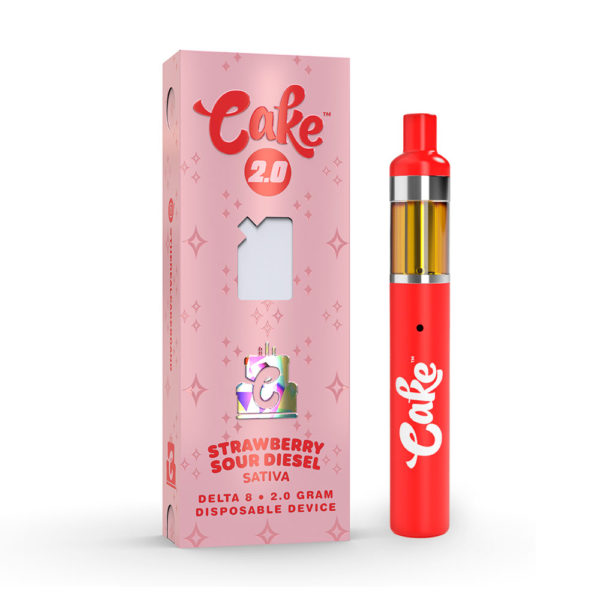 A tempting Cake 2 Gram Delta 8 Vape in Strawberry Sour Diesel flavor, ideal for those who love a tangy twist.